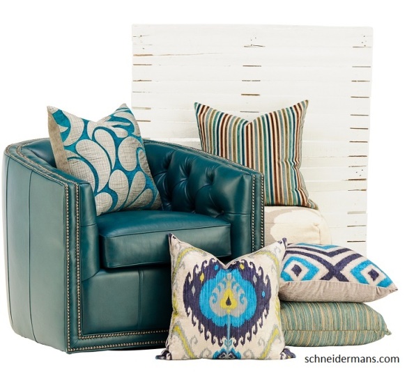 Teal Tufted leather and pillows crop Schneidermans web